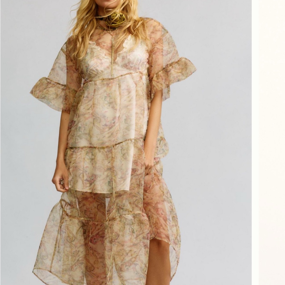 Anthropologie Asymmetrical Ruffled Midi Dress in Tan and Cream